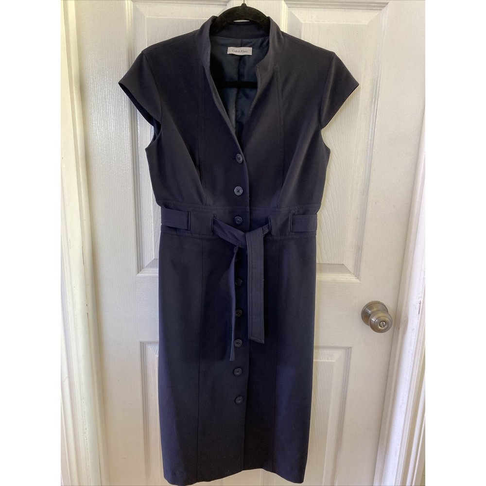 Calvin Klein Blue Button Down Dress Belted Sleeveless Sz XS Midi Career
